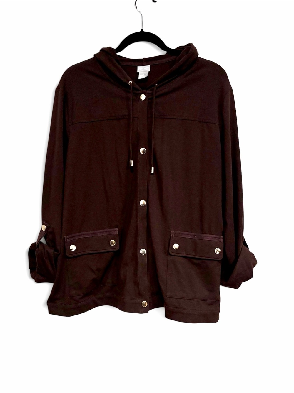 Chico's Hooded Button-Front Utility Jacket Chocolate Brown Soft stretch jersey